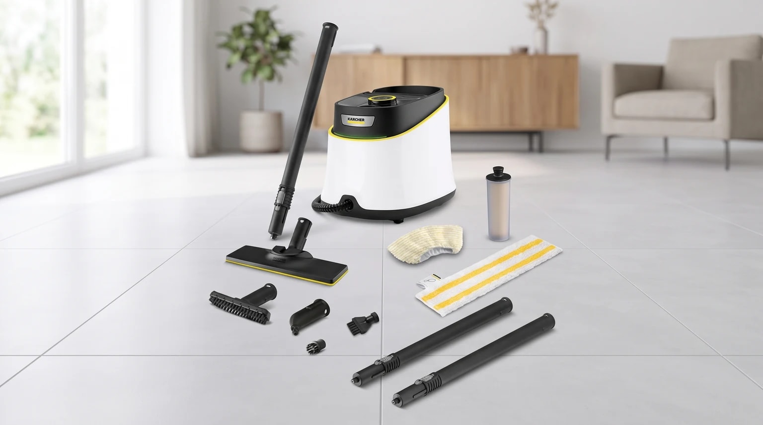 A máquina de limpeza a vapor Kärcher com todos os seus acessórios, como escovas, bocais e panos, dispostos num pavimento de mosaico claro.