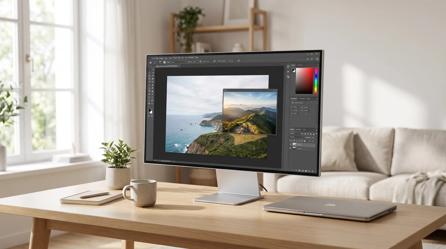 Um monitor de computador numa secretária de madeira exibe um programa de edição de fotos. Ao lado, um portátil fechado, um caderno e uma caneca.