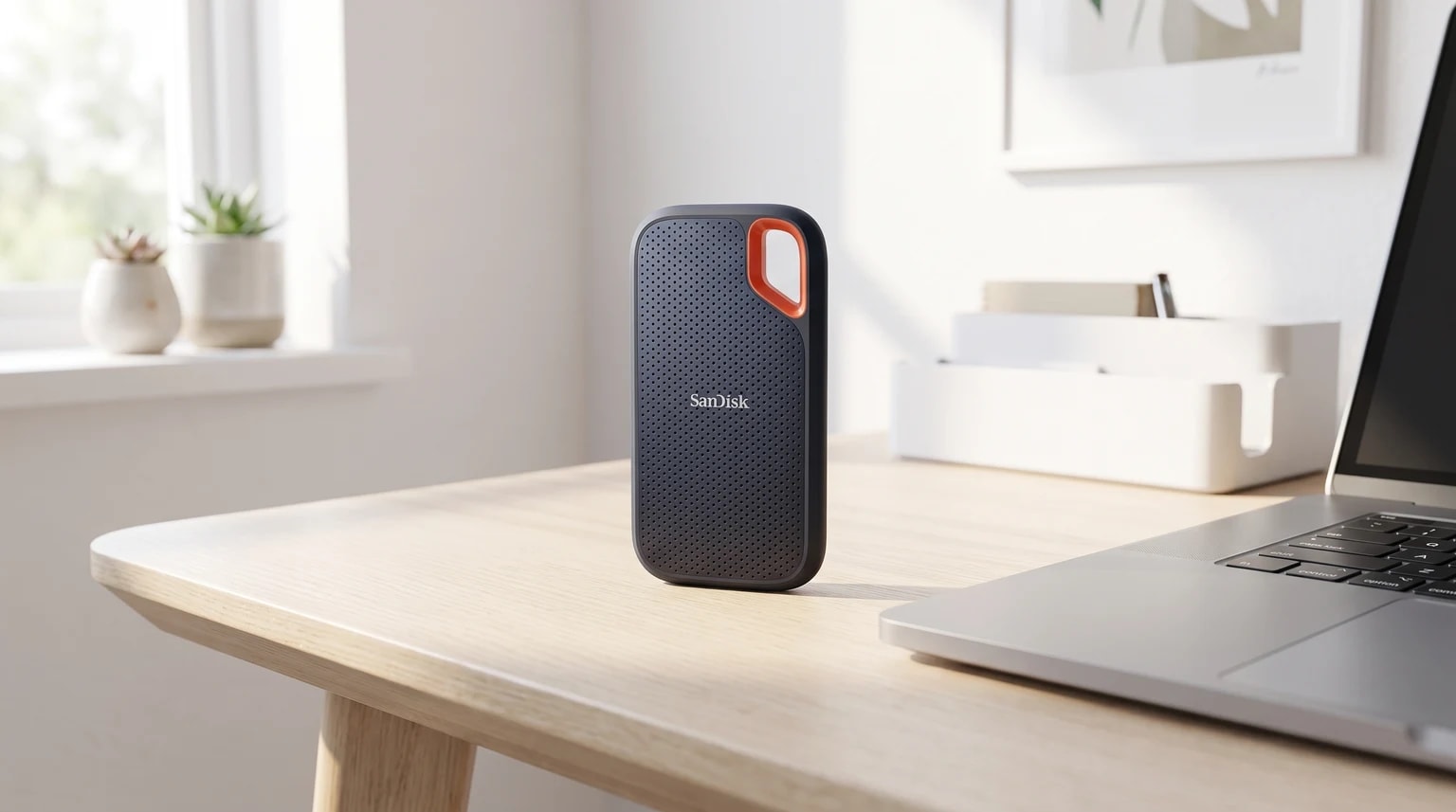 Um SSD externo portátil da SanDisk, preto com um detalhe laranja, pousado na vertical numa secretária de madeira ao lado de um portátil.