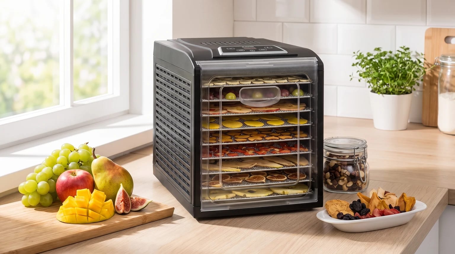 Um desidratador de alimentos preto numa bancada de cozinha, com tabuleiros de fruta a secar, ao lado de fruta fresca e um prato com o resultado final.