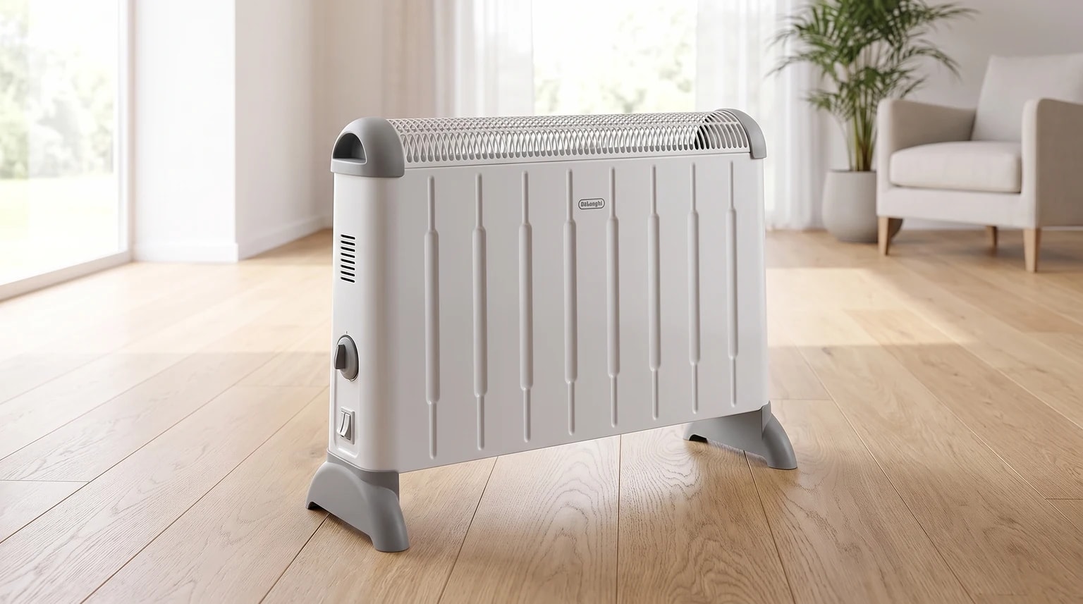 Convector elétrico De'Longhi branco e cinzento sobre um chão de madeira, numa sala de estar luminosa.