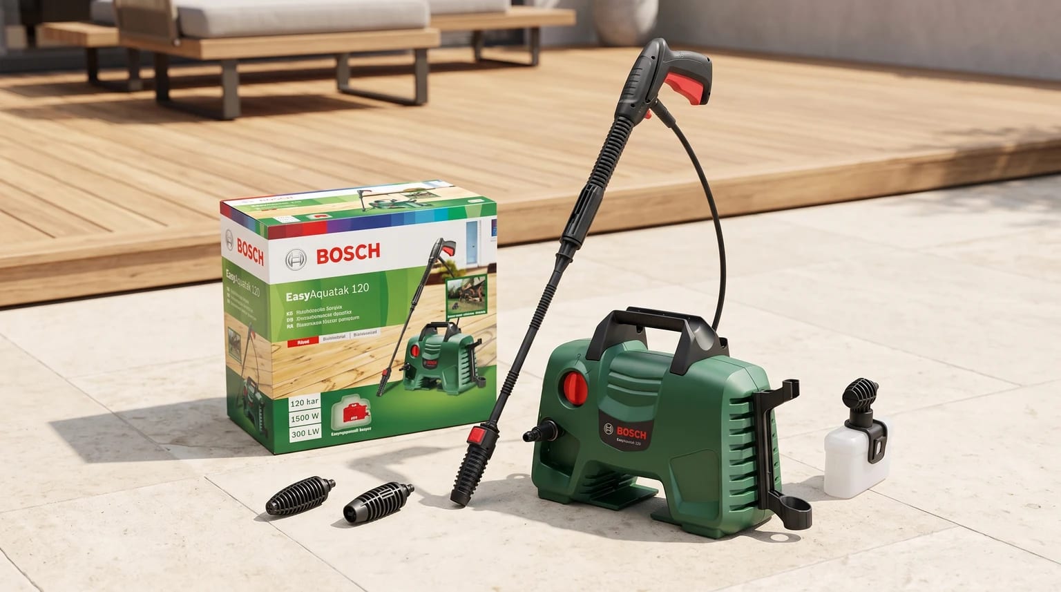 Lavadora de alta pressão Bosch EasyAquatak 120 com os acessórios e a caixa do produto num pátio claro.