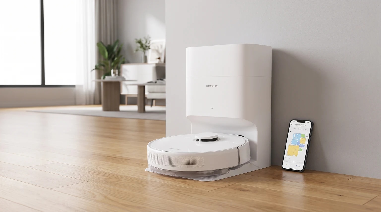 Aspirador robot DREAME D10 Plus Gen 2 branco na base de autoesvaziamento, num soalho de madeira clara, com um telemóvel a mostrar o mapa da casa.