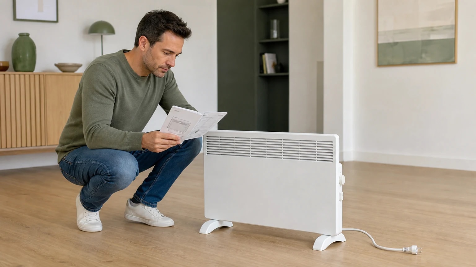 Pessoa a verificar os controlos e o manual de um aquecedor elétrico desligado.