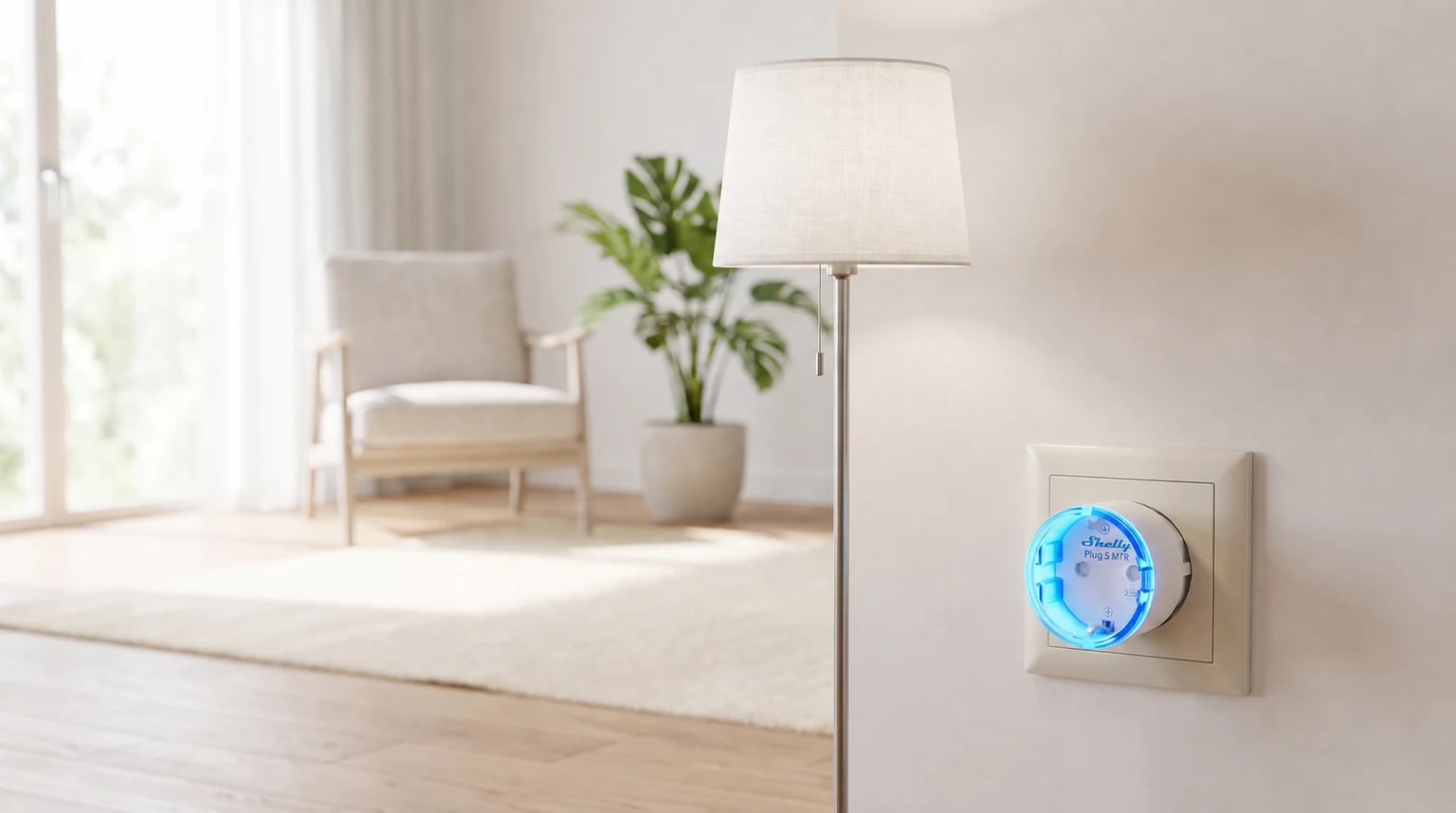Uma tomada inteligente Shelly Plug S MTR Gen3, com o anel de luz azul aceso, instalada numa tomada de parede numa sala luminosa.