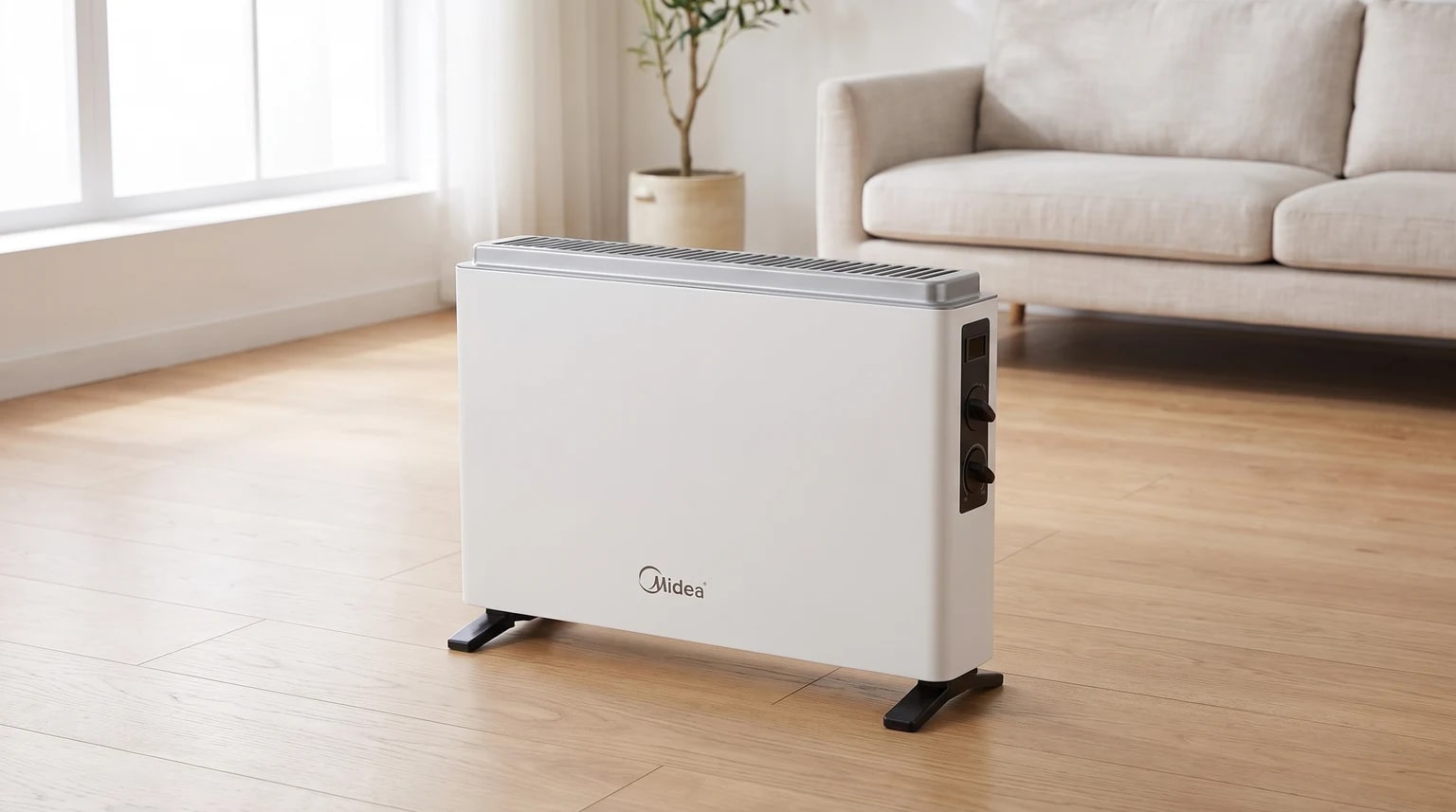 Um convector elétrico Midea branco pousado num chão de madeira clara, com um sofá de cor neutra ao fundo.