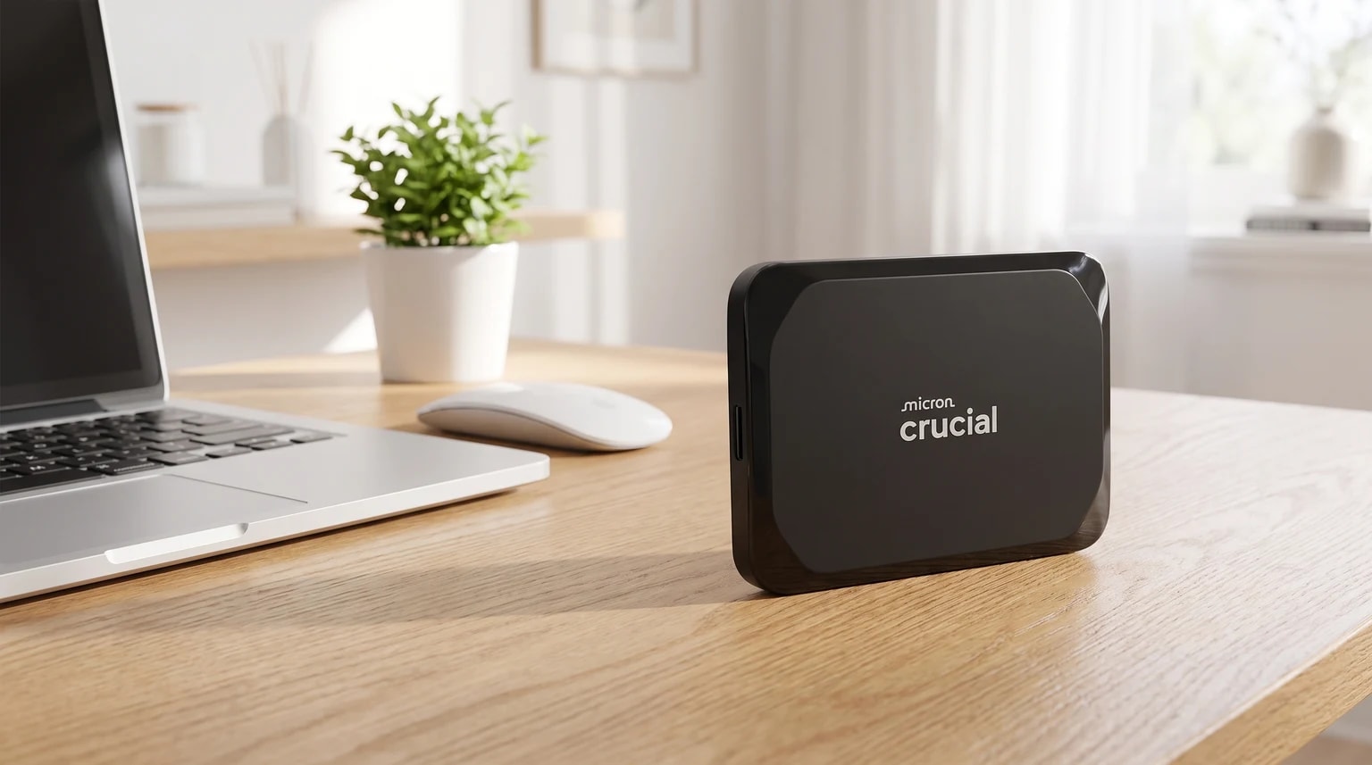 Um SSD externo portátil preto da Crucial pousado numa secretária de madeira, ao lado de um portátil e um rato num escritório luminoso.