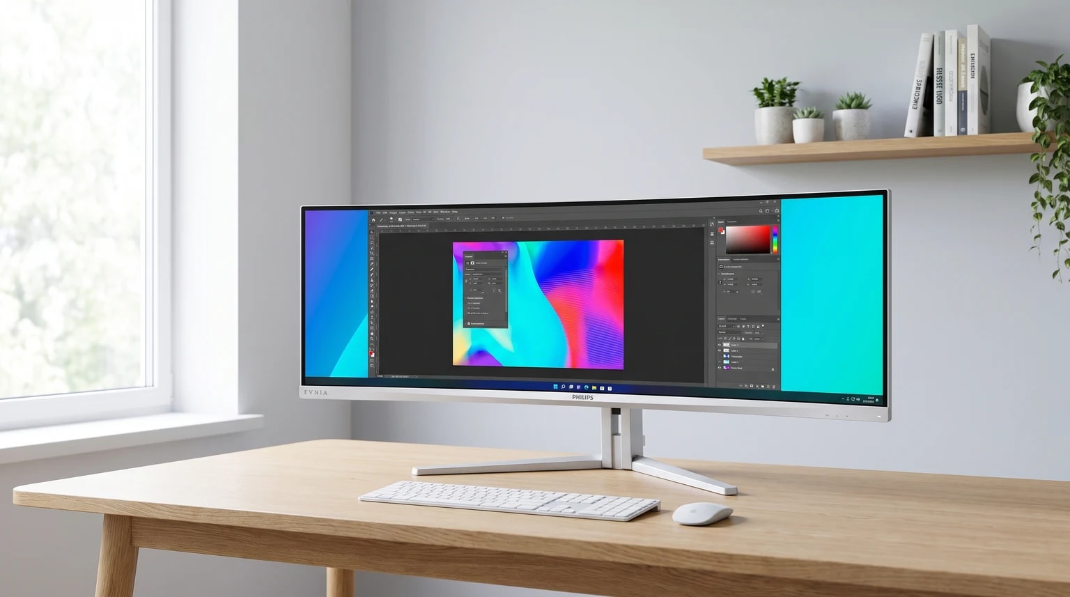 Monitor super-ultrawide prateado Philips Evnia numa secretária de madeira clara, com software de design no ecrã.