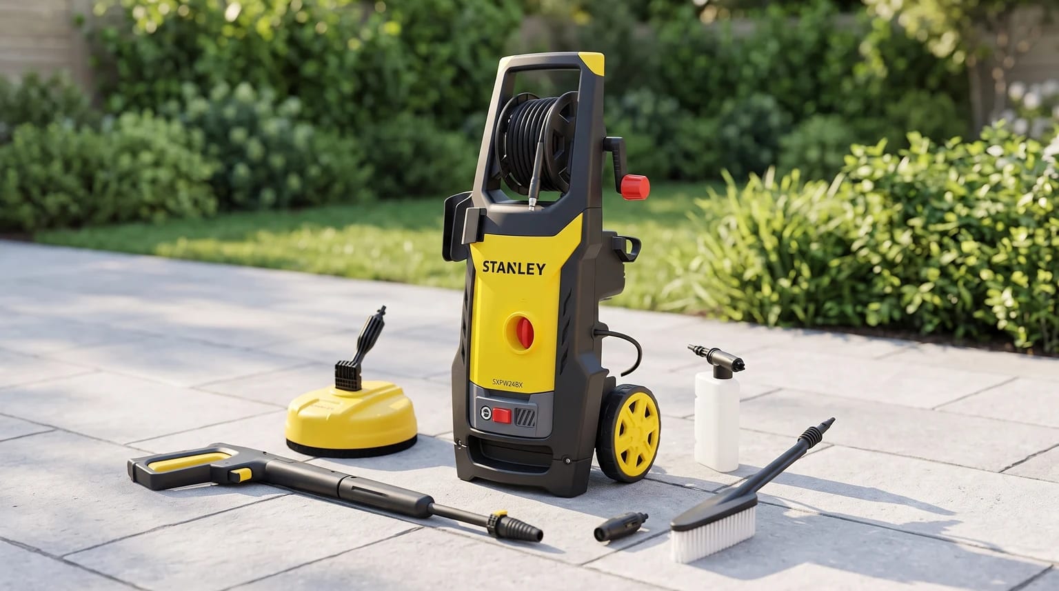 Uma lavadora de alta pressão Stanley, amarela e preta, num pátio com vários acessórios de limpeza, como escovas e bicos, dispostos à sua volta.