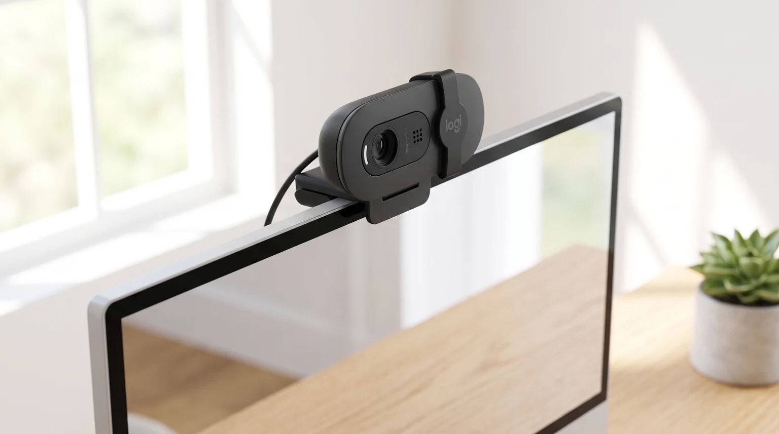 Uma webcam preta da Logitech, montada no topo de um monitor, sobre uma secretária de madeira num escritório luminoso.