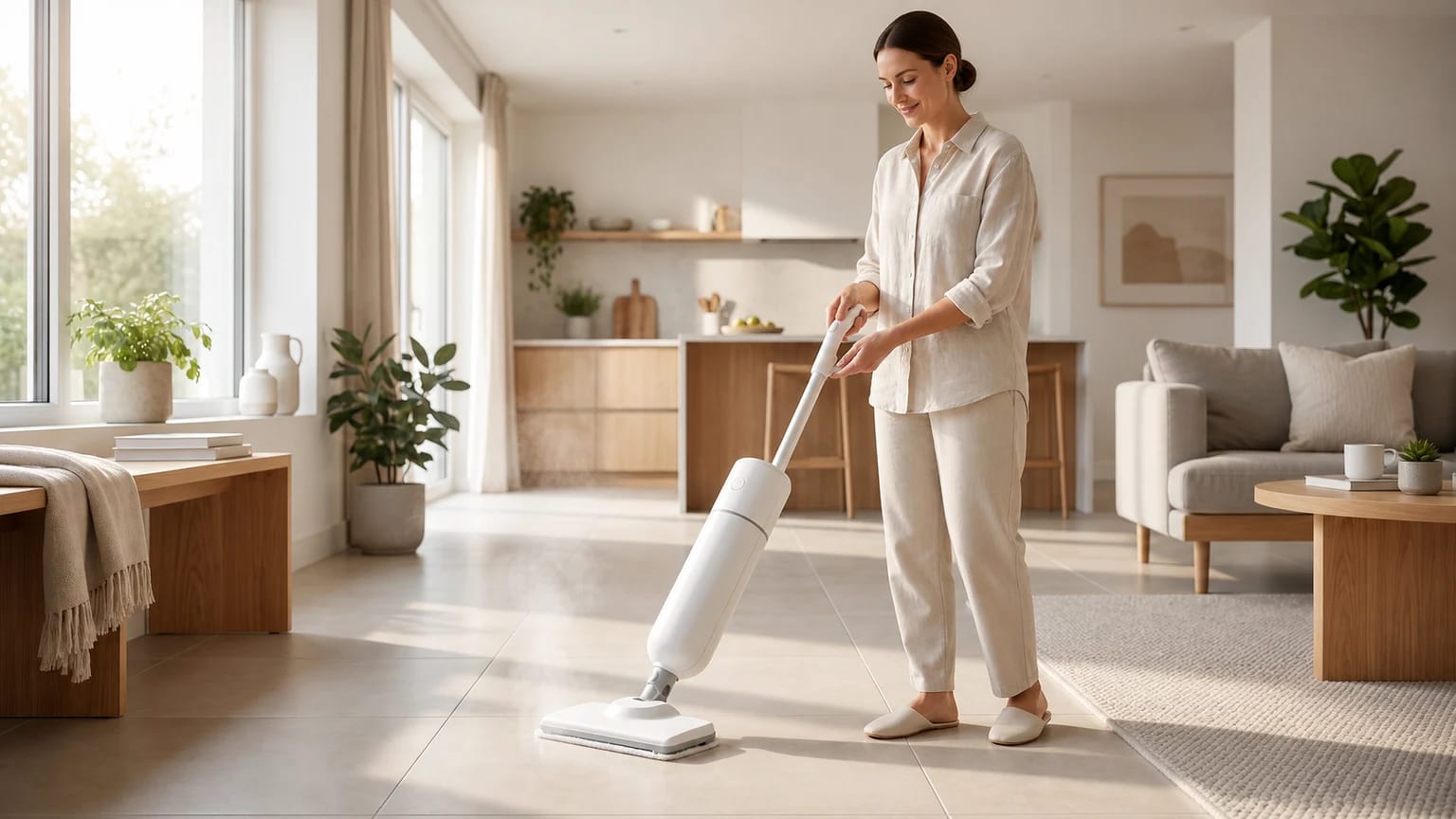 Uma mulher a limpar um chão de mosaico claro com uma mopa a vapor branca, numa sala e cozinha luminosas.