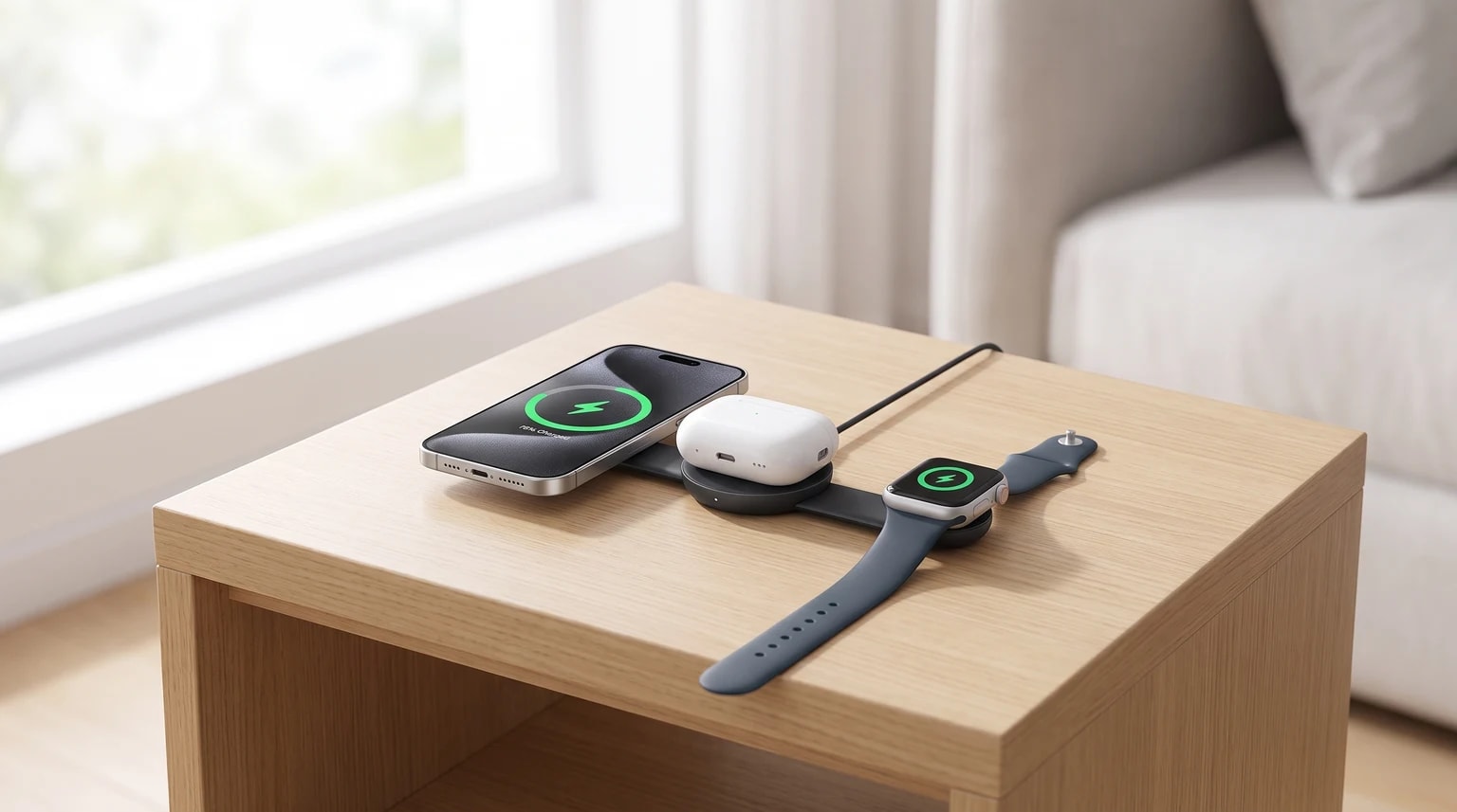 Uma estação de carregamento sem fios 3 em 1 numa mesa de cabeceira de madeira, a carregar simultaneamente um iPhone, AirPods e um Apple Watch.