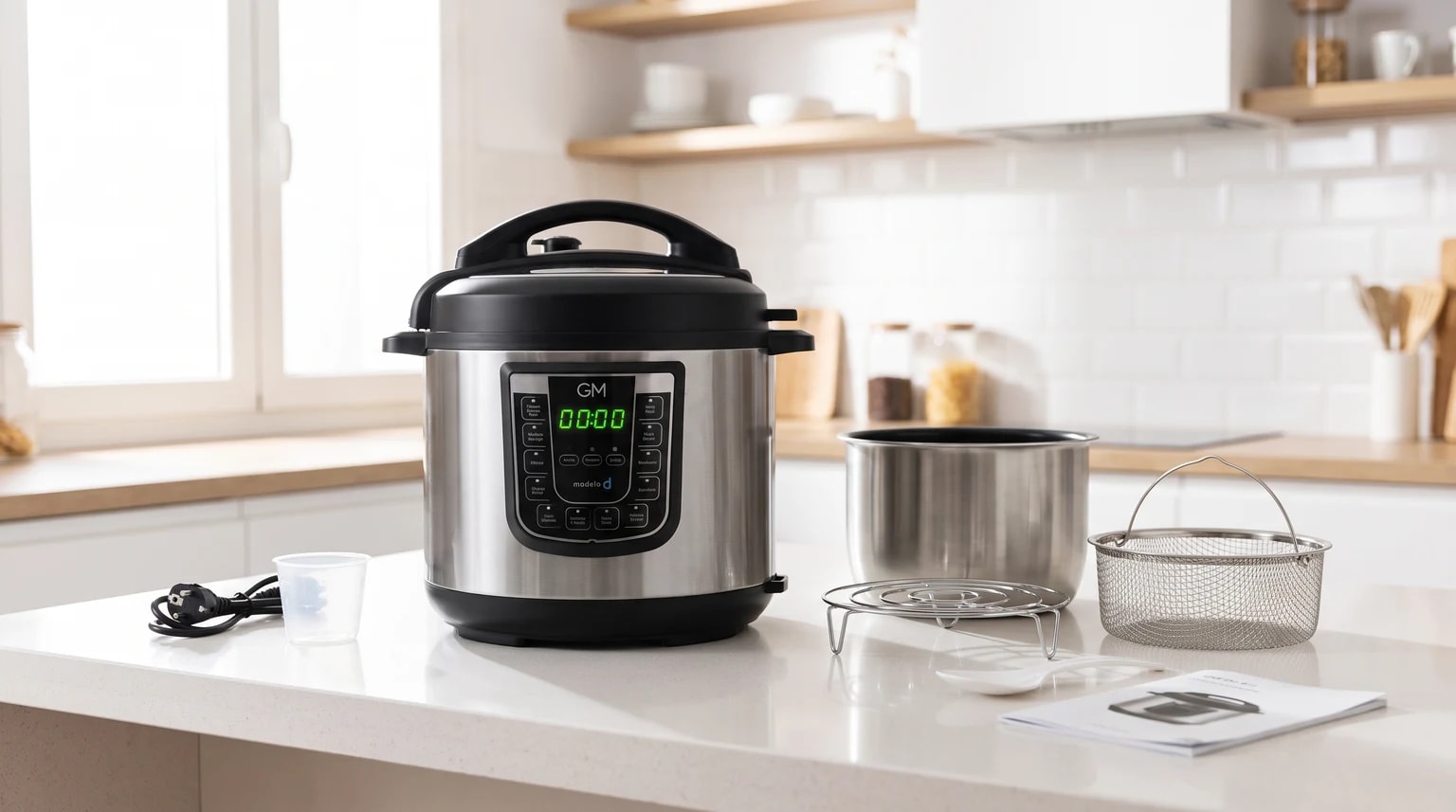 Uma panela de pressão elétrica GM em aço inoxidável sobre uma bancada de cozinha, com os seus acessórios dispostos ao lado, incluindo a panela interior e um cesto para fritar.