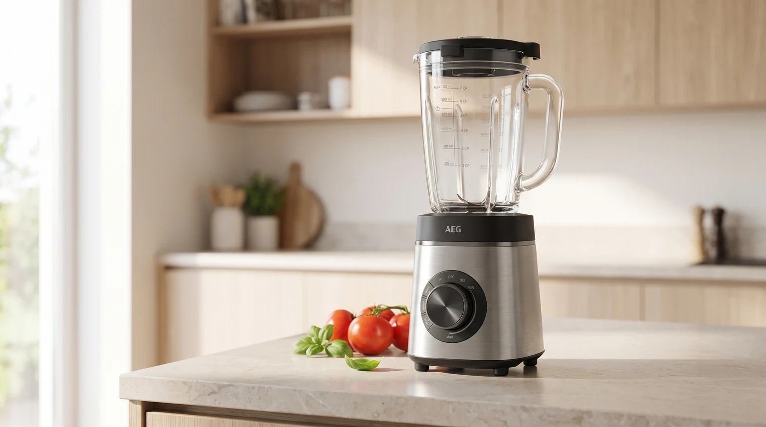Liquidificador AEG com base em aço inoxidável e jarro de vidro numa bancada de cozinha, ao lado de tomates frescos e manjericão.
