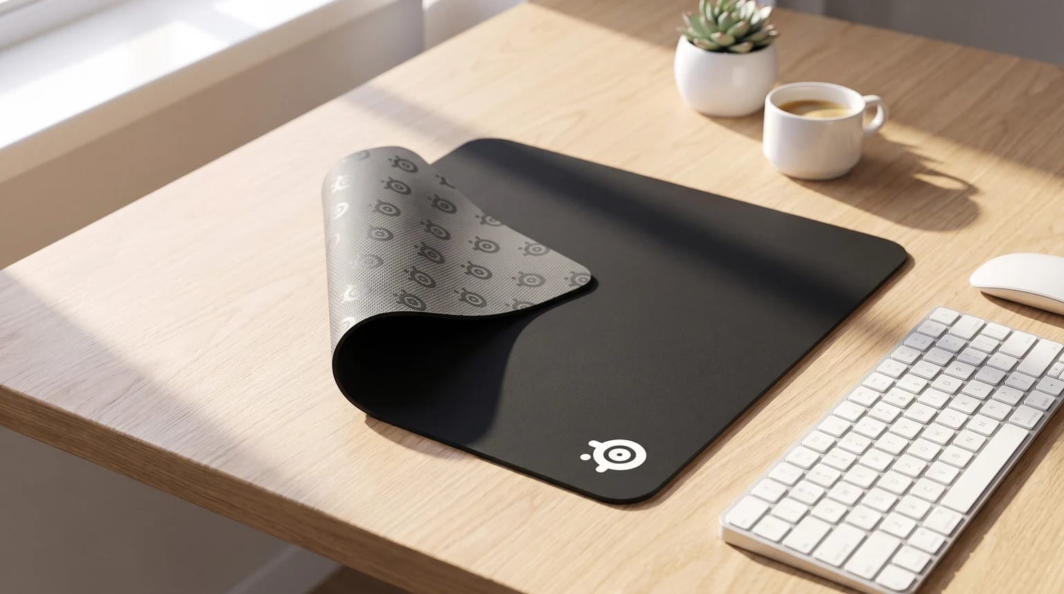 SteelSeries QcK preto sobre uma secretária de madeira clara, com um canto levantado a mostrar a base de borracha cinzenta com padrão.