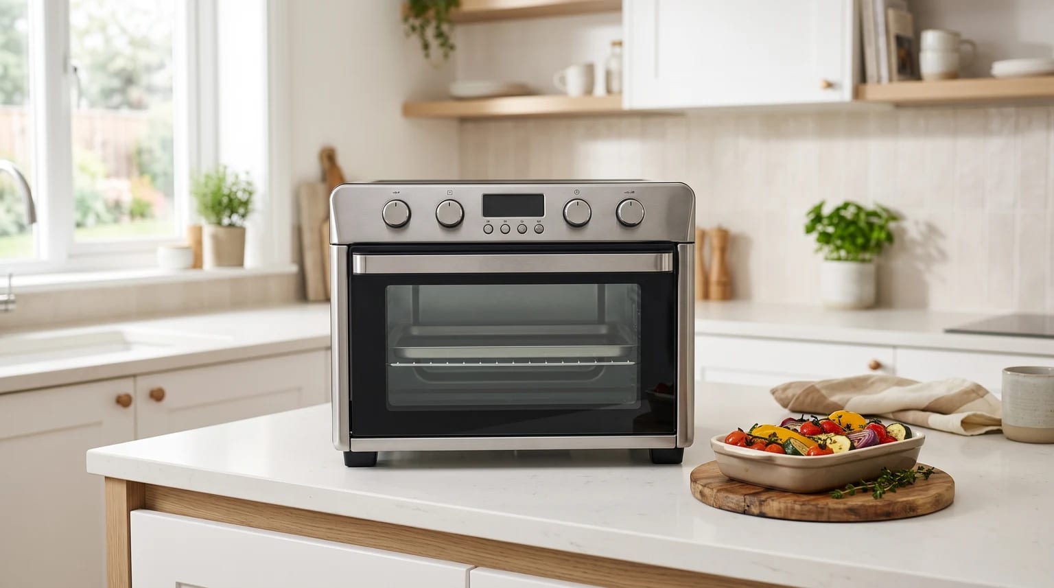 Um mini forno elétrico em aço inoxidável numa bancada de cozinha clara, com uma travessa de legumes assados numa tábua de madeira ao lado.