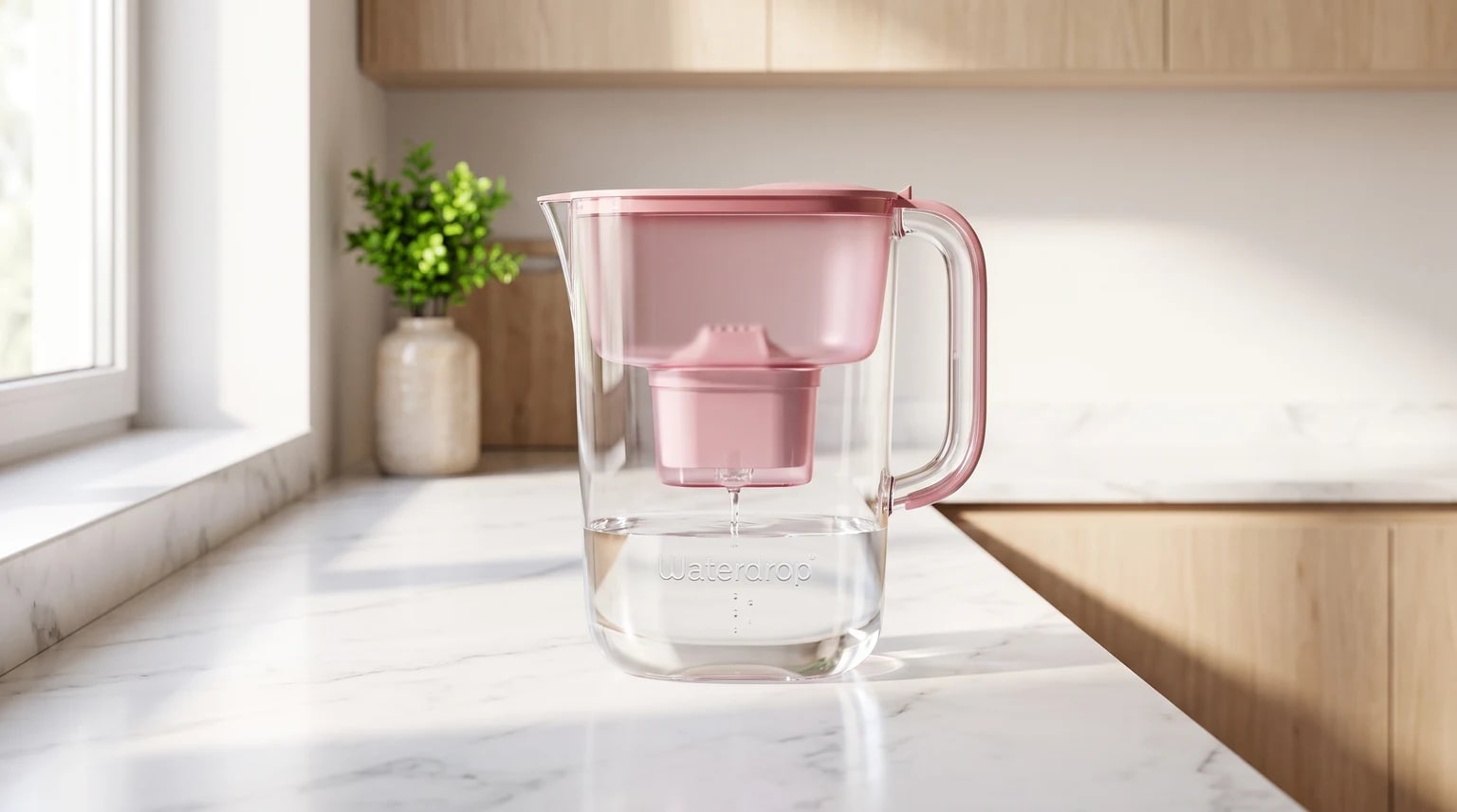 Jarro com filtro de água Waterdrop cor-de-rosa sobre uma bancada de mármore, com água a passar do reservatório para o jarro.