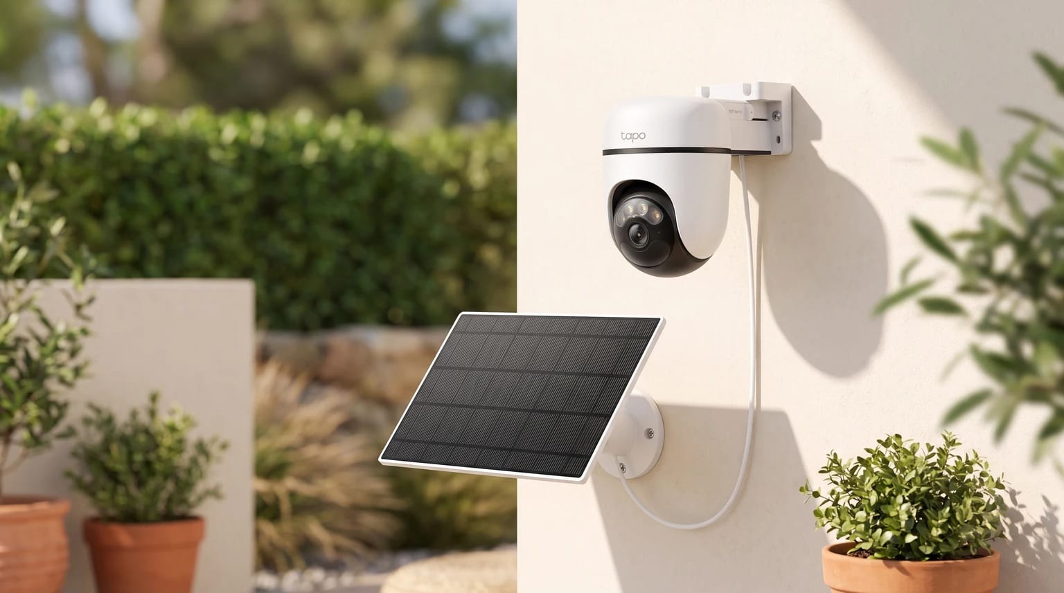 Câmara de vigilância Wi-Fi Tapo C610 e painel solar instalados separadamente numa parede exterior.