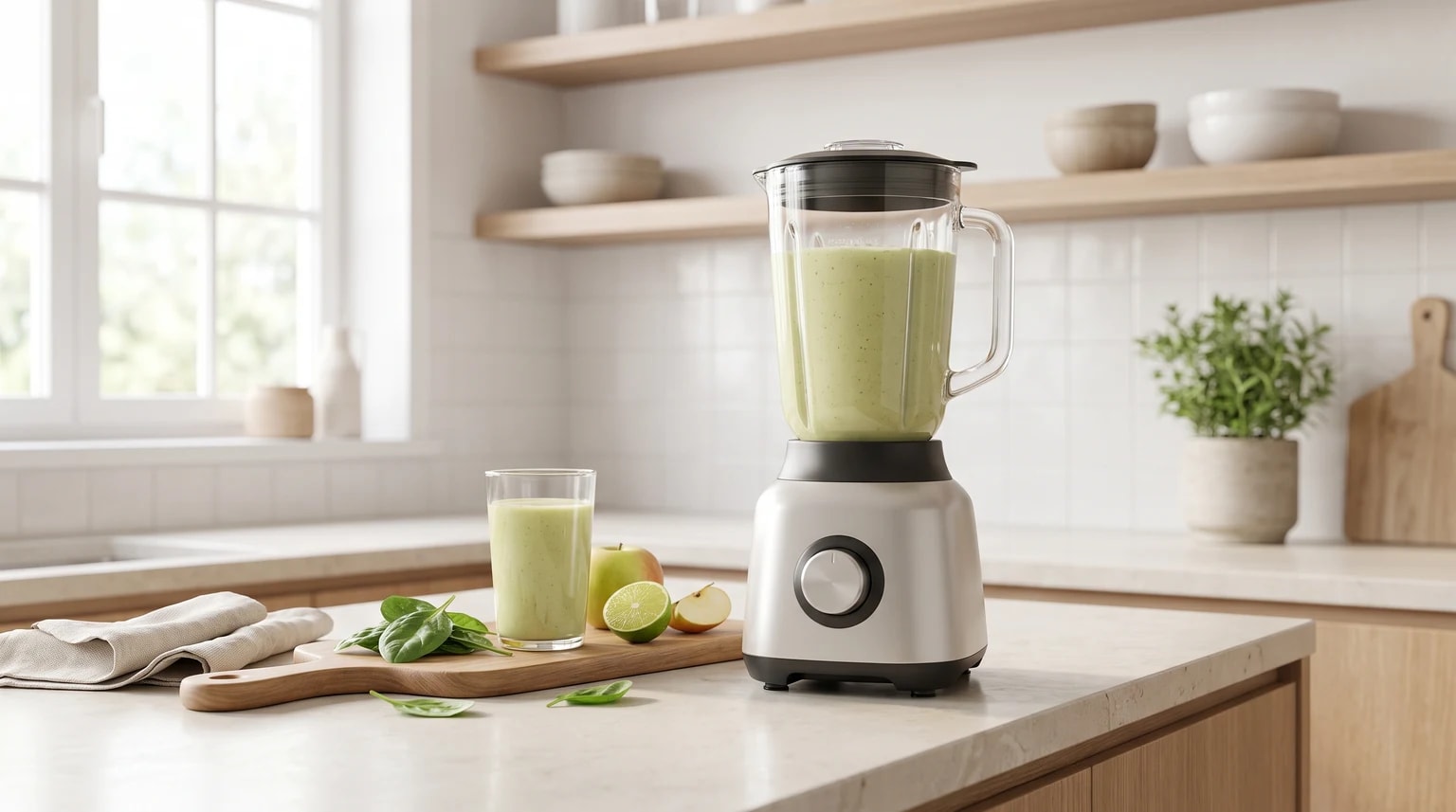 Um liquidificador com um batido verde numa bancada de cozinha, ao lado de um copo servido e ingredientes frescos.