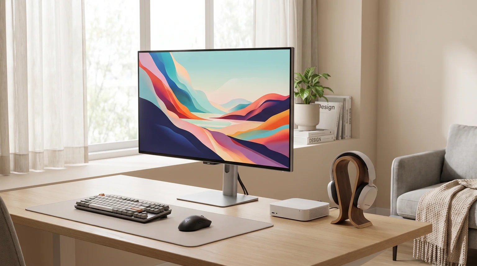 Um monitor gaming numa secretária de madeira clara, com teclado, rato e auscultadores num suporte.