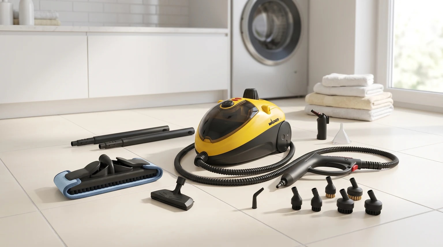 Máquina de limpeza a vapor amarela e preta com todos os seus acessórios, como escovas e tubos, dispostos no chão de azulejo de uma lavandaria.