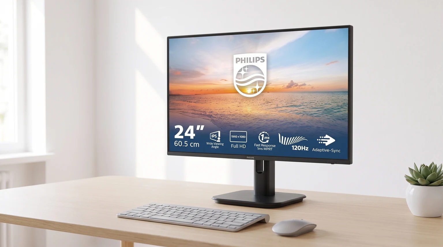 Um monitor Philips de 24 polegadas sobre uma secretária de madeira clara, com um teclado, rato e uma pequena planta suculenta ao lado.