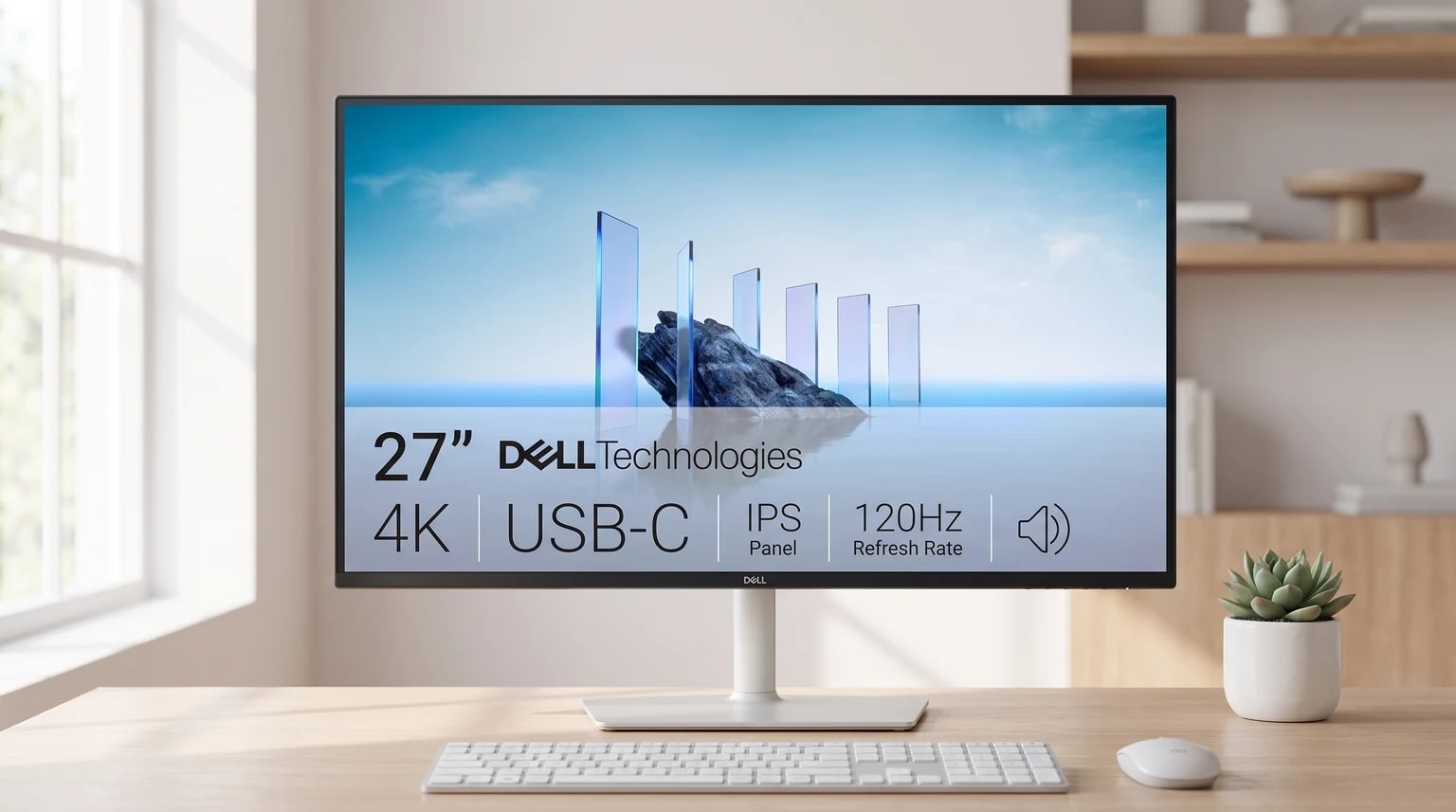 Um monitor Dell 4K de 27 polegadas numa secretária de madeira, ao lado de um teclado, um rato e uma pequena planta suculenta.