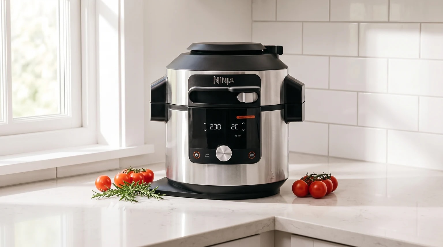 Uma multicooker Ninja Foodi em aço inoxidável sobre uma bancada de cozinha branca, junto a tomates-cereja e alecrim frescos.