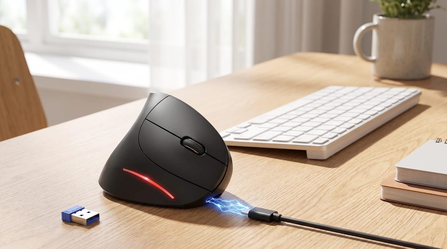 Um rato vertical ergonómico preto a carregar numa secretária de madeira, ao lado de um teclado branco e do seu recetor USB azul.