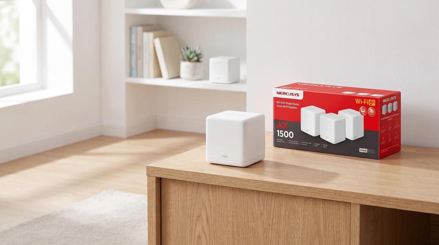 Um sistema Wi-Fi mesh Mercusys Halo numa sala de estar, com uma unidade em cima de uma mesa ao lado da caixa e outra numa prateleira.