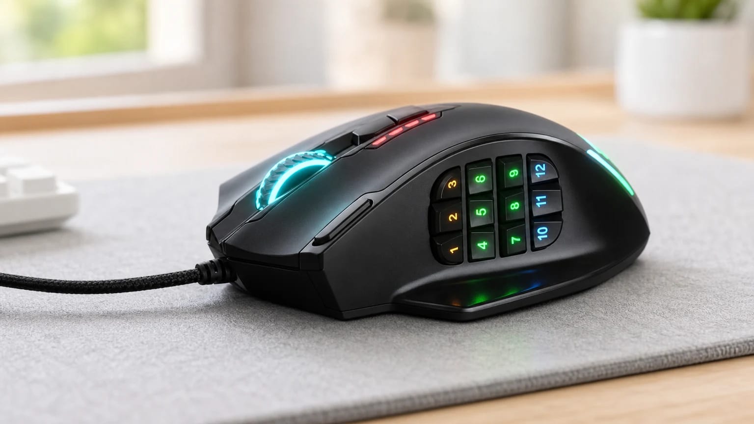 Rato de gaming Redragon M908 Impact preto, visto de perto num tapete cinzento-claro, com a grelha lateral de 12 botões e iluminação RGB visíveis.