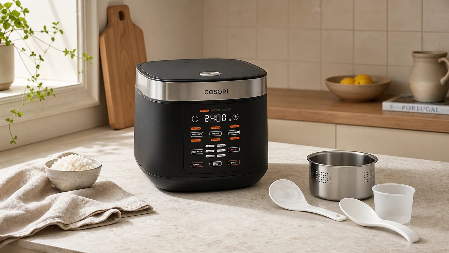 Arrozeira elétrica COSORI preta e prateada numa bancada de pedra, com o cesto de vapor, o copo medidor e as colheres de servir ao lado.