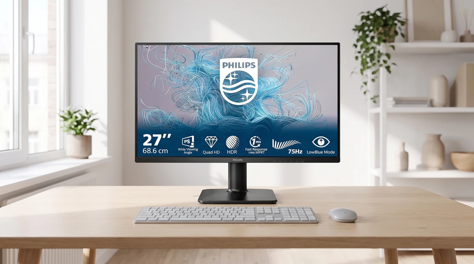 Um monitor Philips de 27 polegadas numa secretária de madeira clara, com um teclado e rato à frente, num quarto luminoso com plantas.