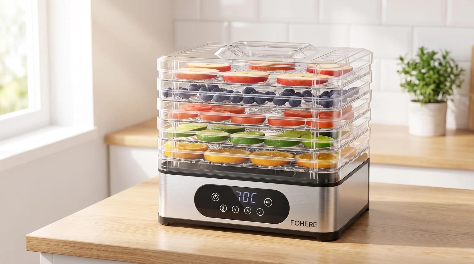 Um desidratador de alimentos com base em inox e tabuleiros transparentes cheios de fruta fatiada, sobre uma bancada de cozinha de madeira.