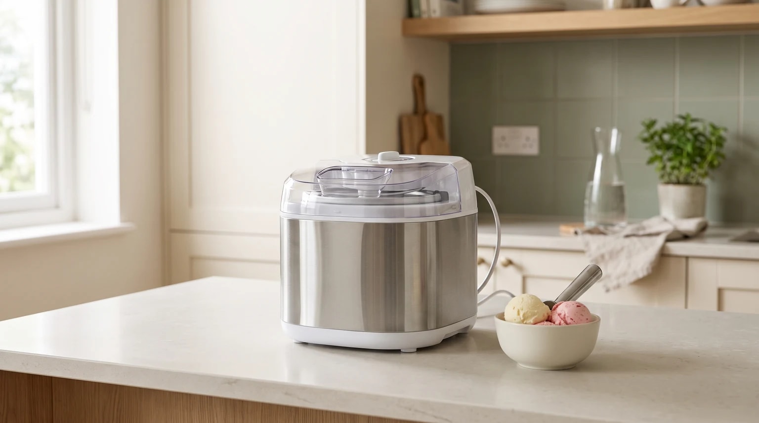 Uma máquina de fazer gelados em aço inoxidável sobre uma bancada de cozinha, ao lado de uma taça com duas bolas de gelado.