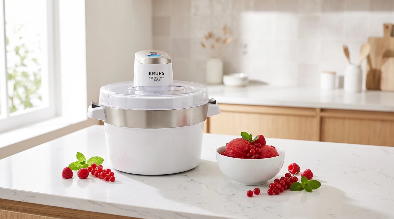 Máquina de fazer gelados Krups GVS241 branca numa bancada de cozinha, ao lado de gelado de frutos vermelhos e bagas frescas.