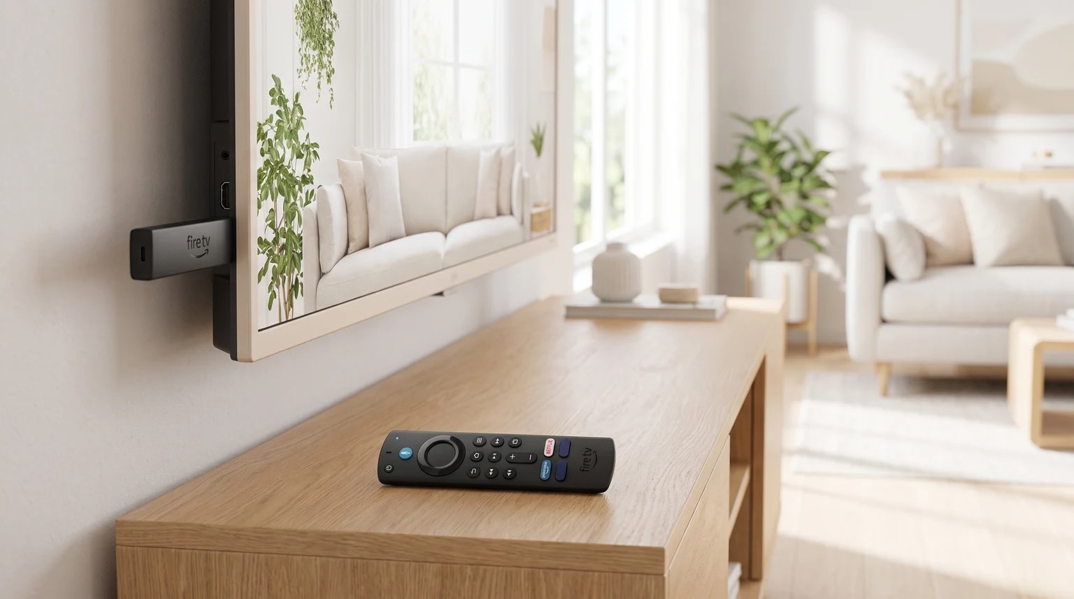 Um stick de streaming Fire TV ligado à parte lateral de uma televisão, com o comando pousado num móvel de madeira em primeiro plano.