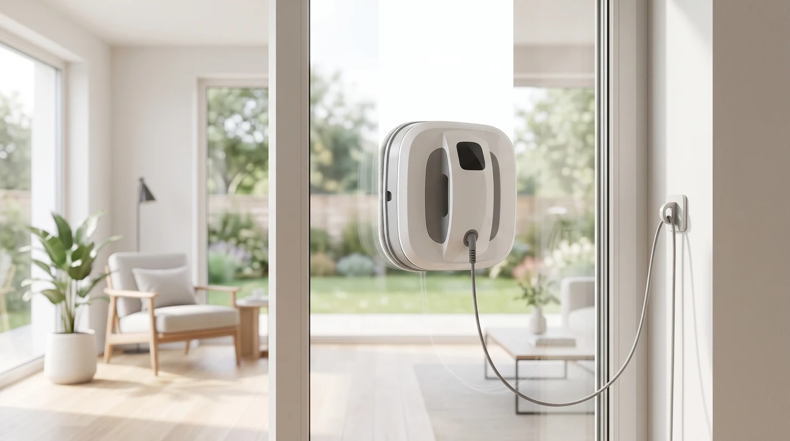 Um robot limpa-vidros de cor clara preso a uma janela numa sala moderna, com o seu cabo de segurança ancorado na parede ao lado.