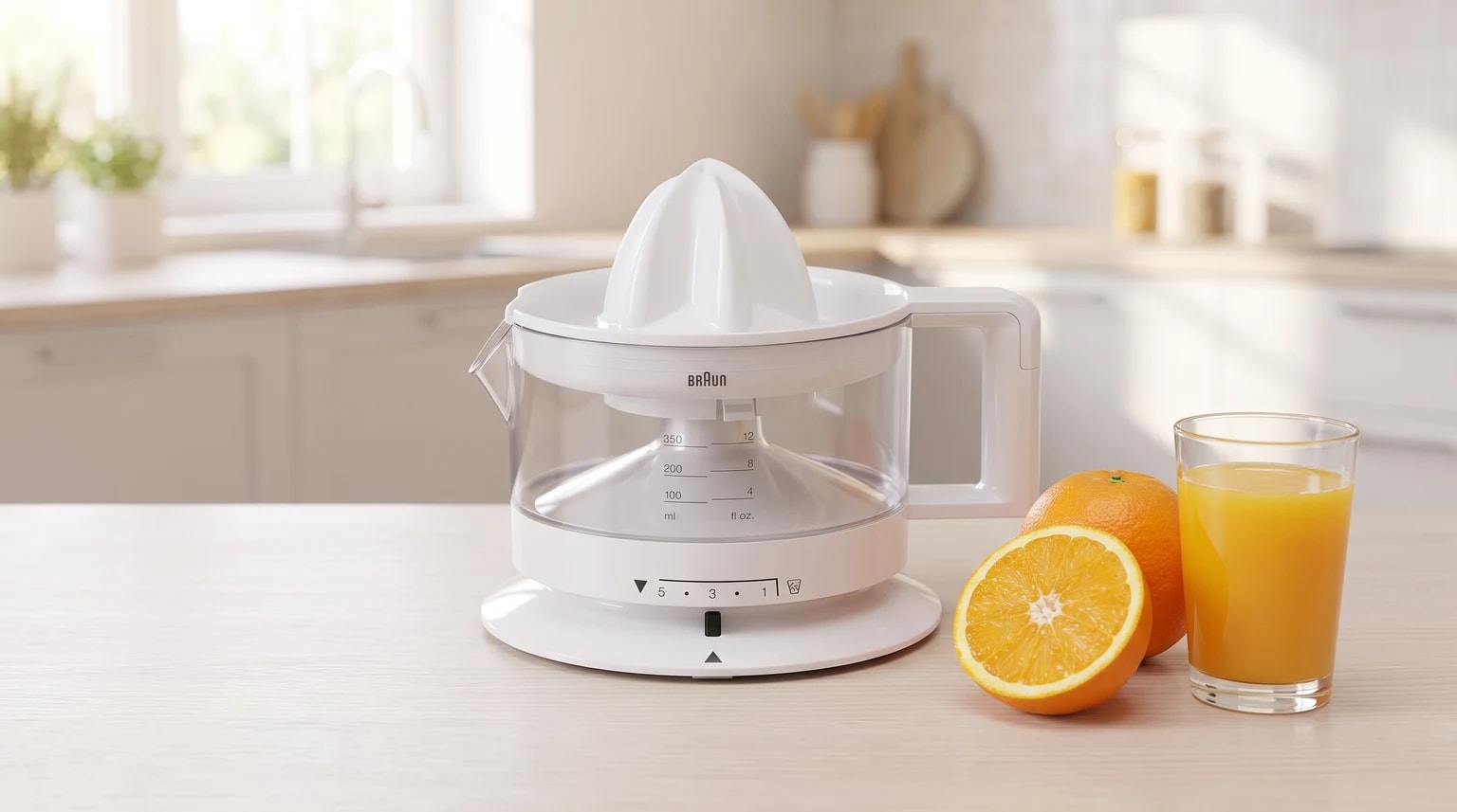 Espremedor elétrico de citrinos branco da Braun numa bancada de cozinha, ao lado de laranjas e de um copo com sumo.