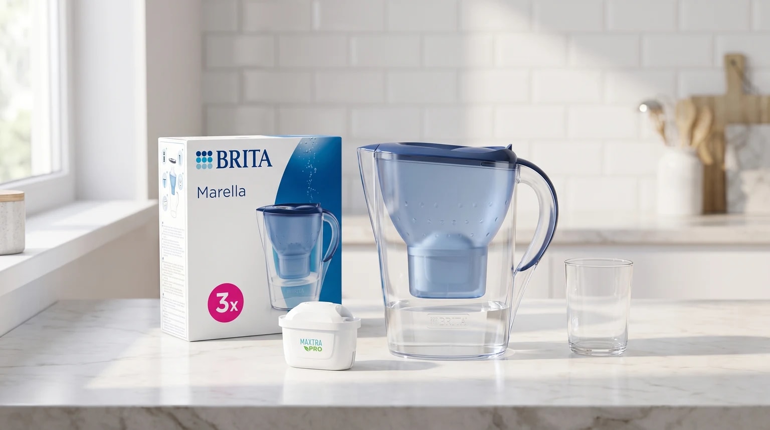 O jarro filtrante BRITA Marella azul numa bancada de cozinha, ao lado da sua caixa, de um filtro MAXTRA PRO e de um copo de vidro.