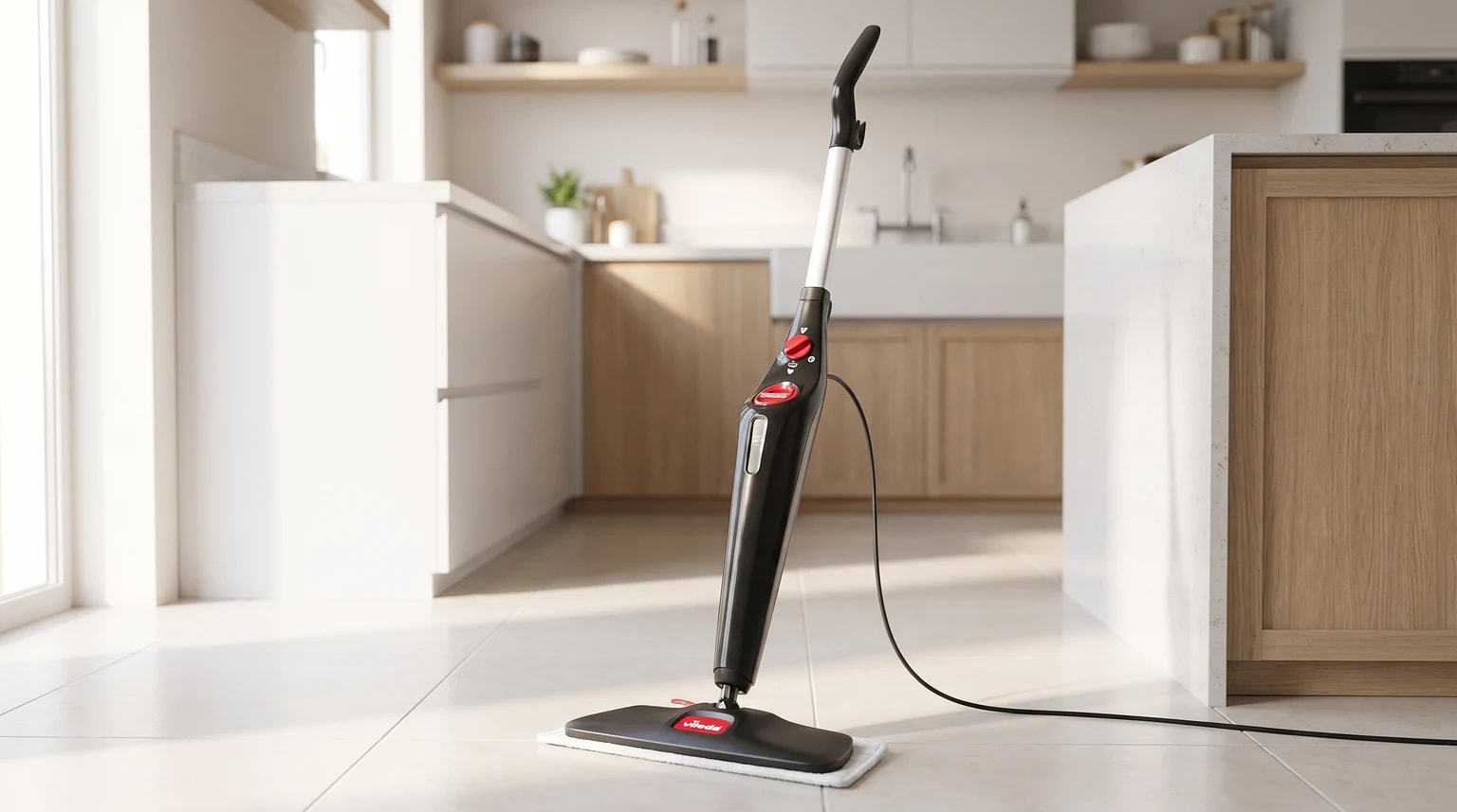 Mopa a vapor preta da Vileda em pé no chão de azulejos de uma cozinha moderna e luminosa.