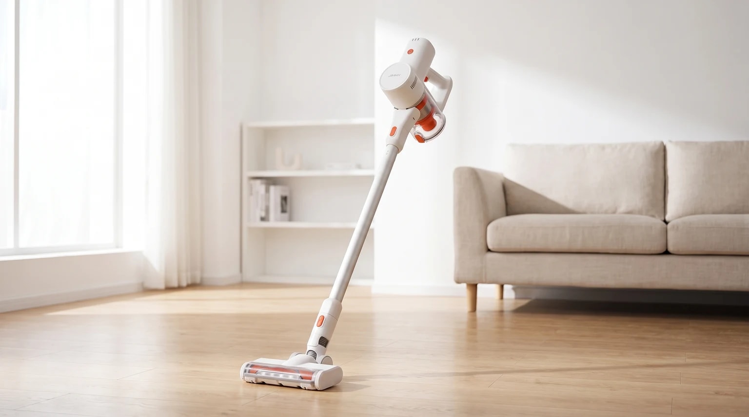 Um aspirador vertical sem fios, branco com detalhes laranja, em pé sobre um soalho de madeira numa sala de estar luminosa.
