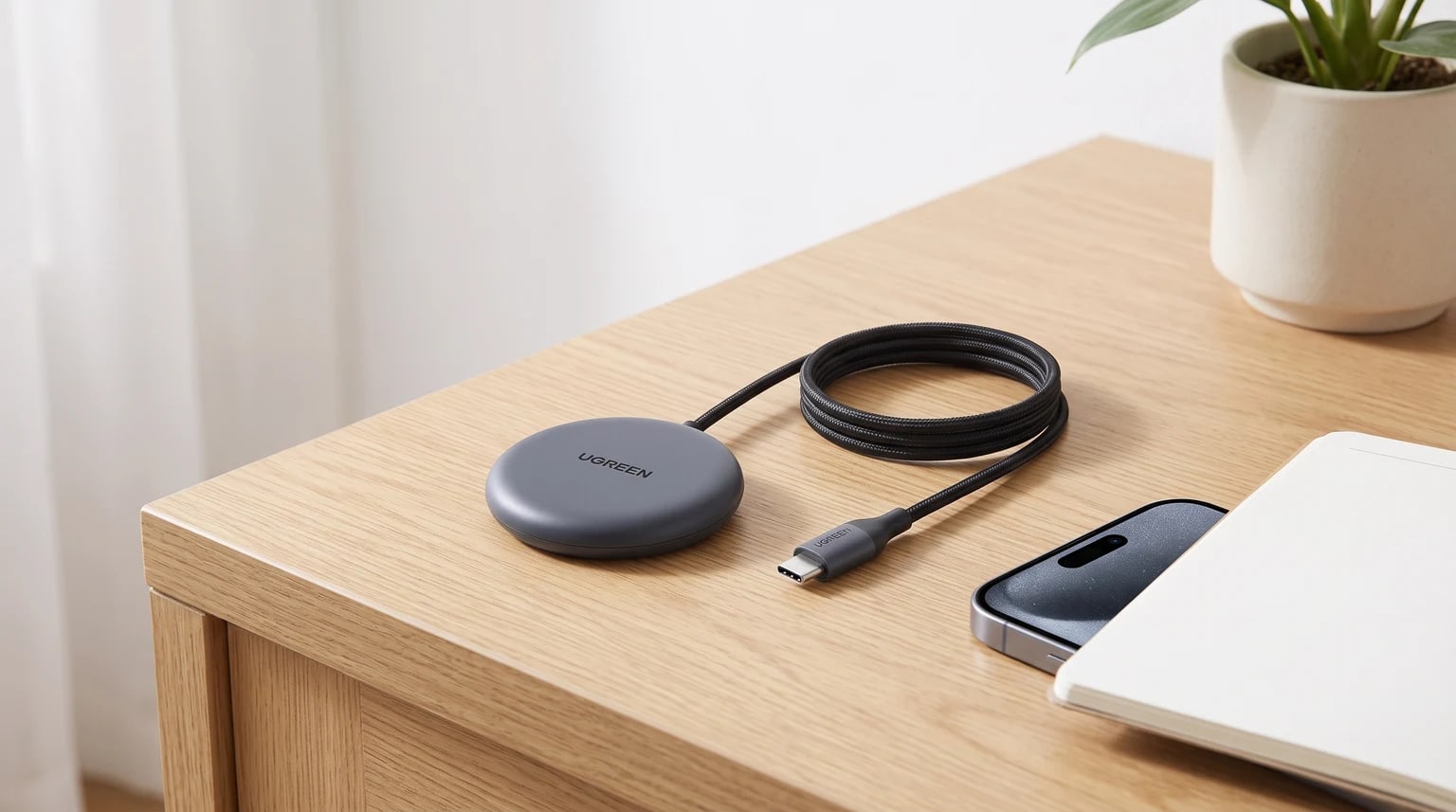 Um carregador sem fios redondo e cinzento da UGREEN pousado numa mesa de madeira, com o seu cabo preto enrolado ao lado de um smartphone.