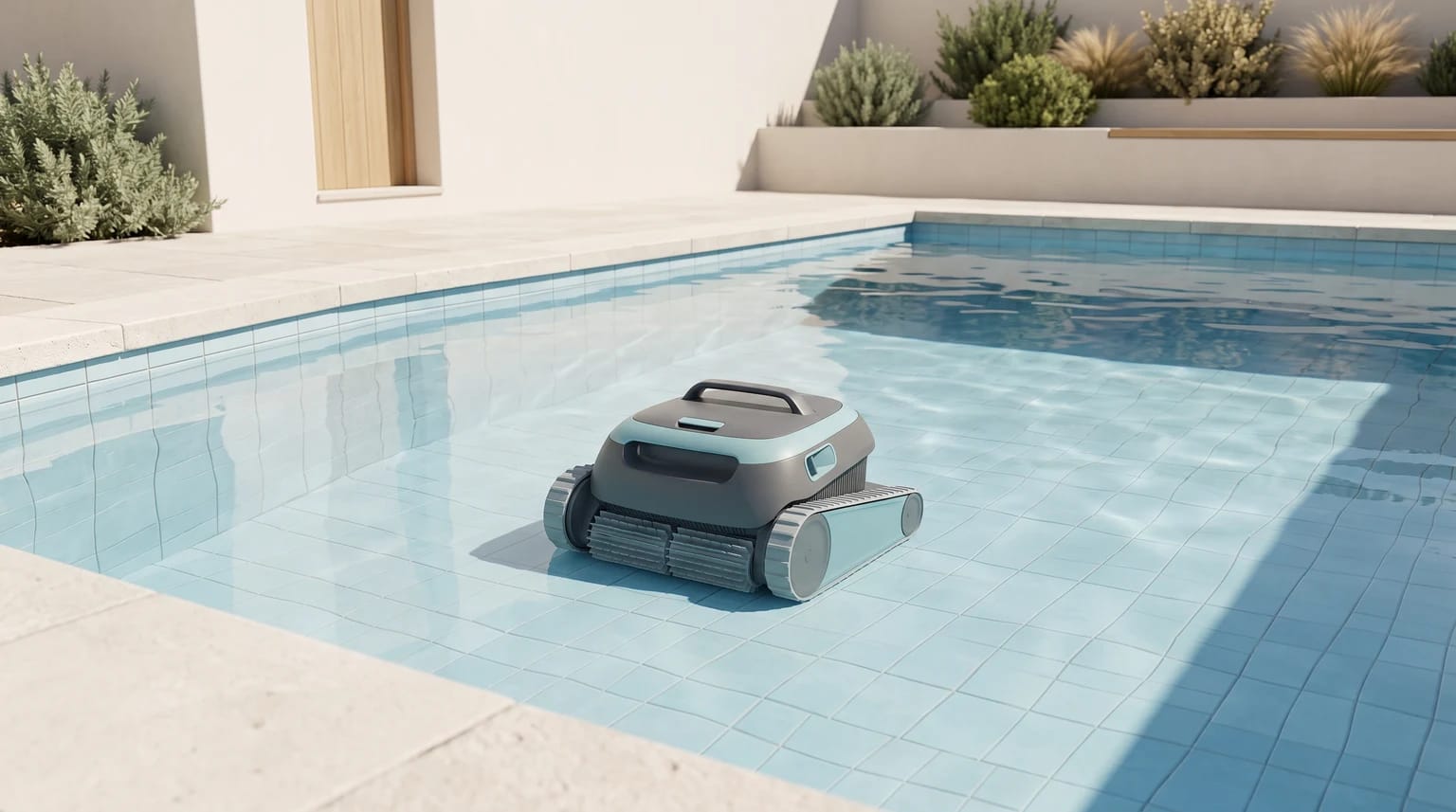 Robot de piscina genérico, cinzento e azul-claro, no fundo de uma piscina doméstica de azulejos.