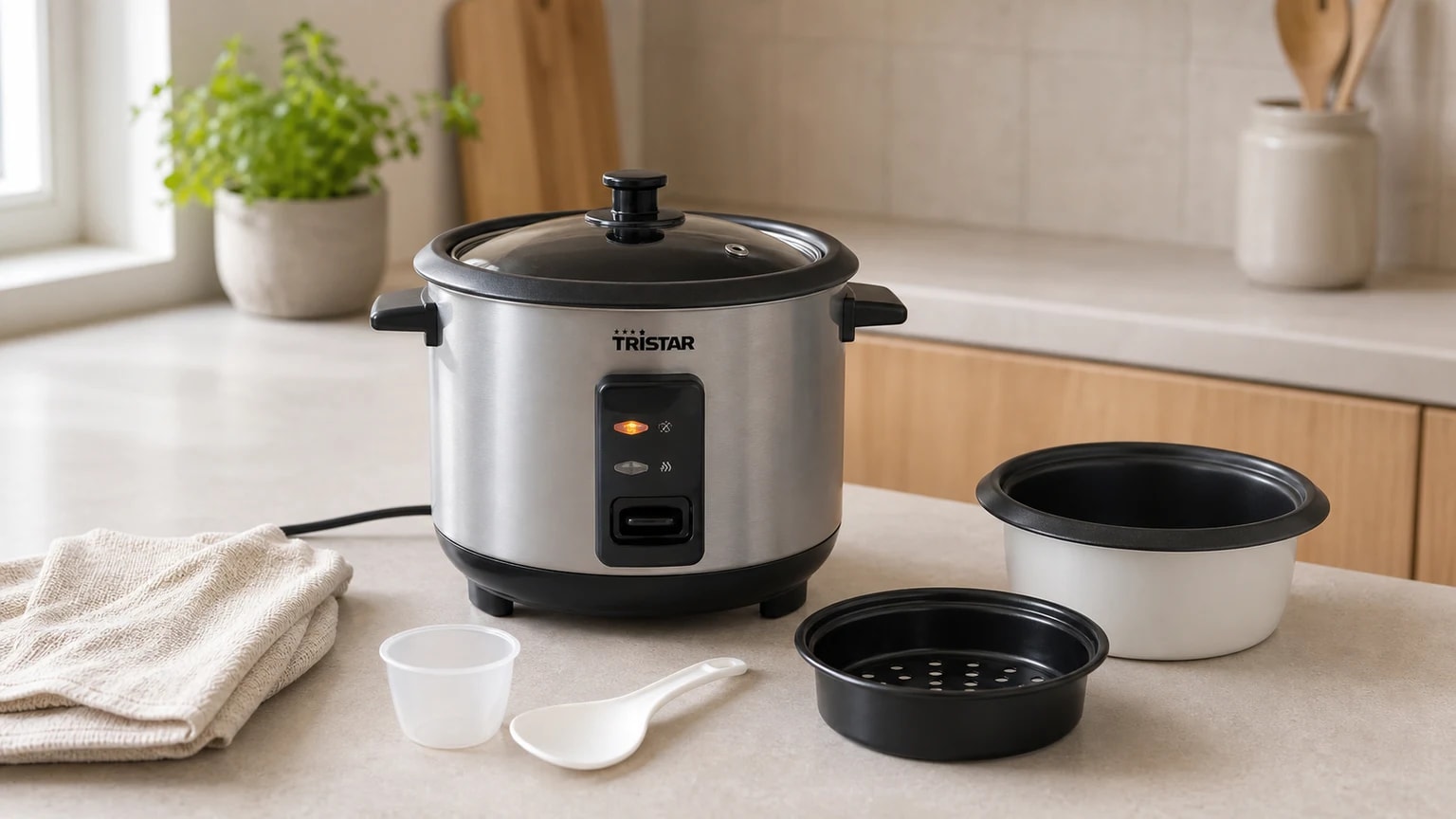 Arrozeira elétrica Tristar em aço inoxidável numa bancada de cozinha, com o recipiente, o cesto de vapor, o copo medidor e a espátula ao lado.