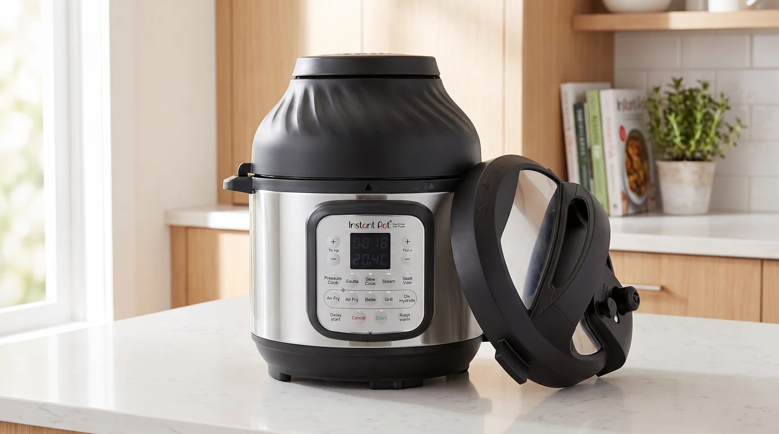 A multicooker Instant Pot Duo Crisp em aço inoxidável sobre uma bancada de cozinha, com a tampa de pressão encostada ao seu lado.
