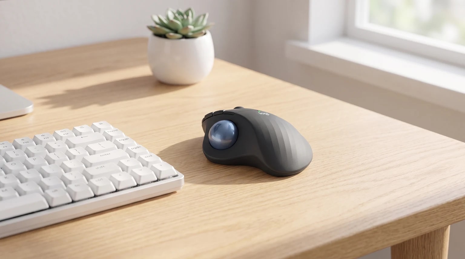 Um rato trackball ergonómico cinzento-escuro sobre uma secretária de madeira clara, ao lado de um teclado branco e de um pequeno vaso com uma suculenta.