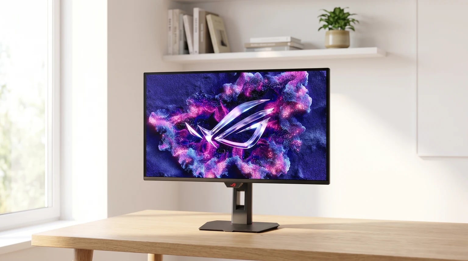 Monitor gaming ASUS ROG numa secretária de madeira clara, com uma imagem abstrata em tons de roxo e rosa no ecrã.
