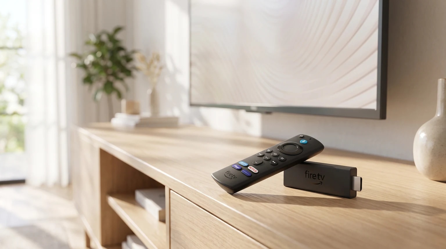 O Amazon Fire TV Stick 4K Plus e o comando pousados num móvel de madeira clara, diante de uma televisão.