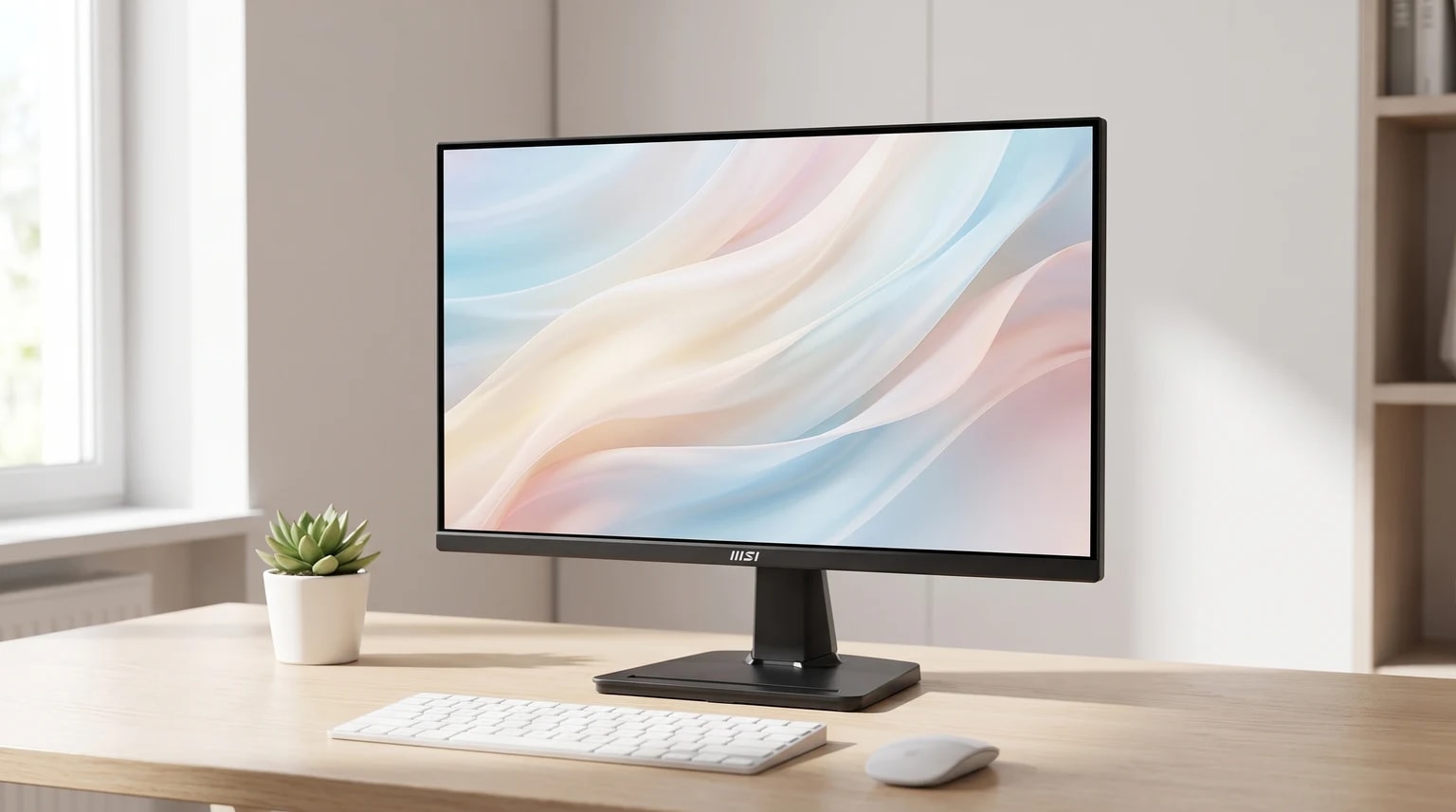 Monitor preto da MSI sobre uma secretária de madeira clara, juntamente com um teclado, rato e uma pequena planta suculenta.